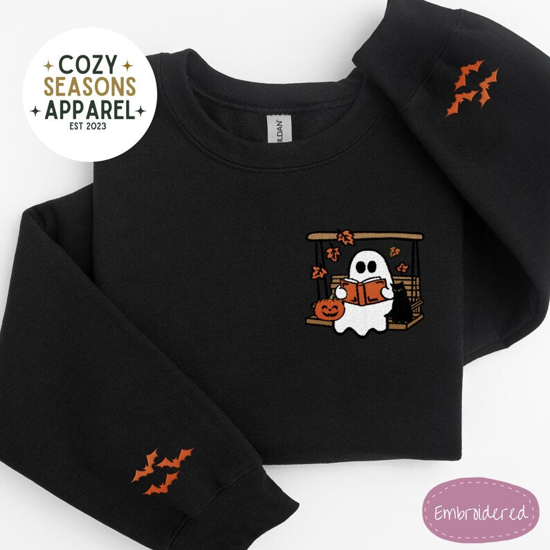 Embroidered Halloween Sweatshirt - Spooky Ghost Reading in Swing with Black Cat in the Fall with Bat Sleeves