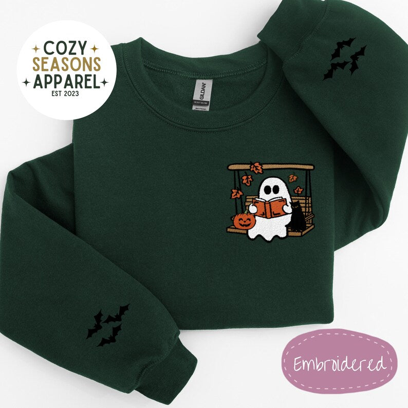 Embroidered Halloween Sweatshirt - Spooky Ghost Reading in Swing with Black Cat in the Fall with Bat Sleeves