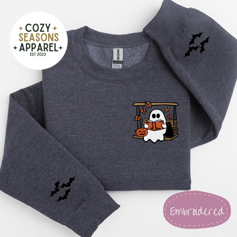 Embroidered Halloween Sweatshirt - Spooky Ghost Reading in Swing with Black Cat in the Fall with Bat Sleeves