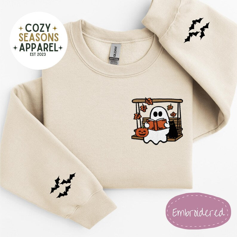Embroidered Halloween Sweatshirt - Spooky Ghost Reading in Swing with Black Cat in the Fall with Bat Sleeves