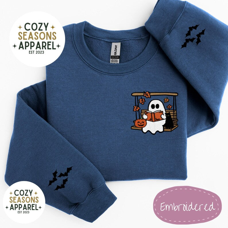 Embroidered Halloween Sweatshirt - Spooky Ghost Reading in Swing with Black Cat in the Fall with Bat Sleeves