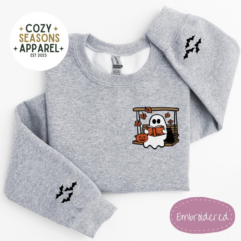 Embroidered Halloween Sweatshirt - Spooky Ghost Reading in Swing with Black Cat in the Fall with Bat Sleeves