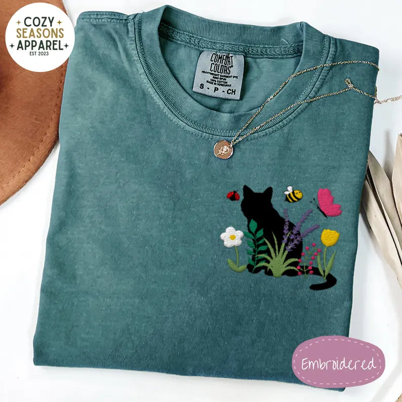 Embroidered Comfort Colors Shirt - Spring Cottage-core Cat Floral