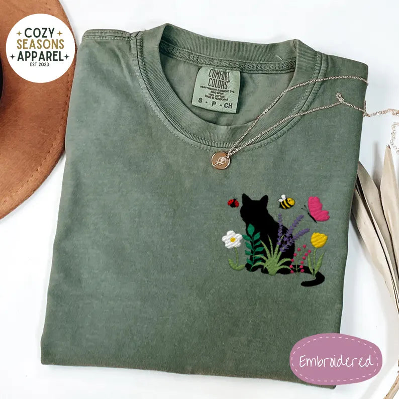 Embroidered Comfort Colors Shirt - Spring Cottage-core Cat Floral