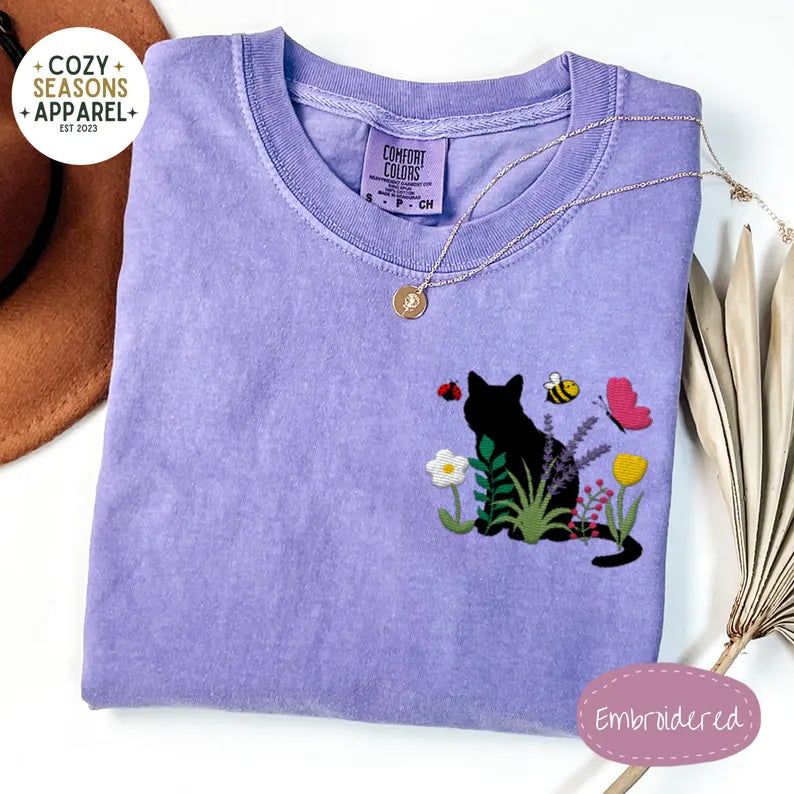 Embroidered Comfort Colors Shirt - Spring Cottage-core Cat Floral