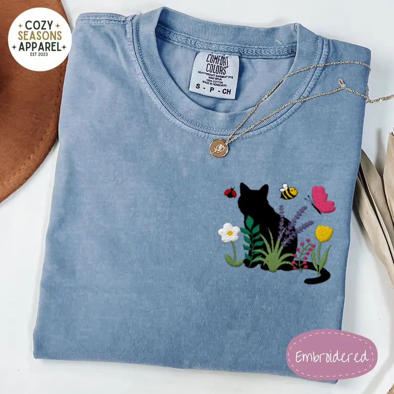Embroidered Comfort Colors Shirt - Spring Cottage-core Cat Floral