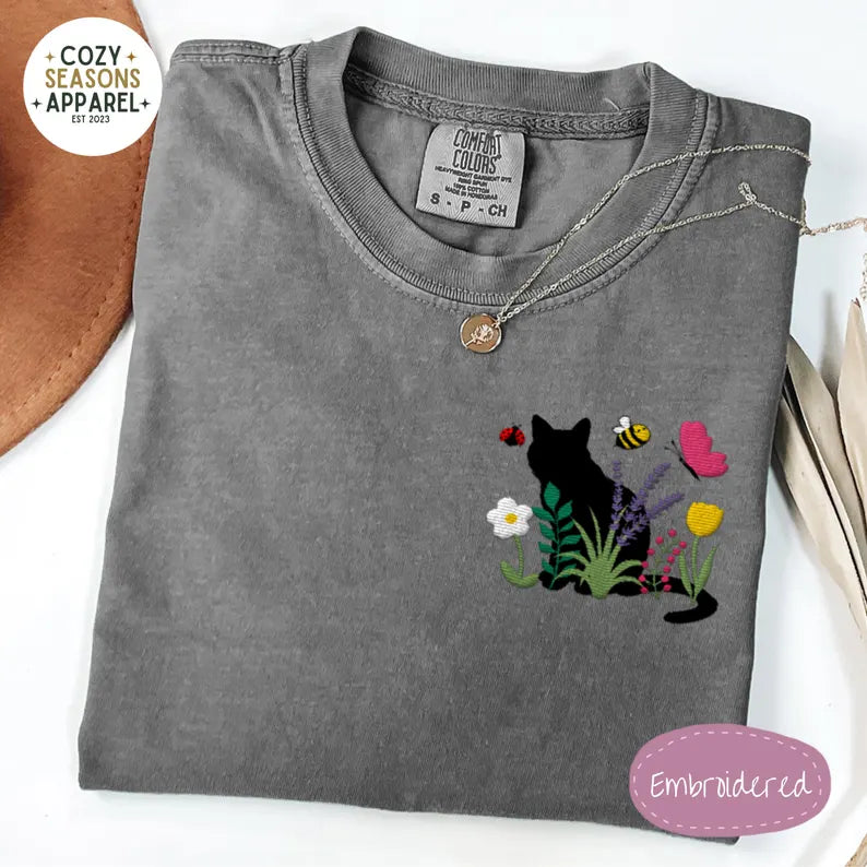 Embroidered Comfort Colors Shirt - Spring Cottage-core Cat Floral