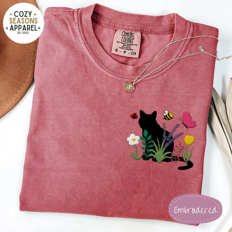 Embroidered Comfort Colors Shirt - Spring Cottage-core Cat Floral