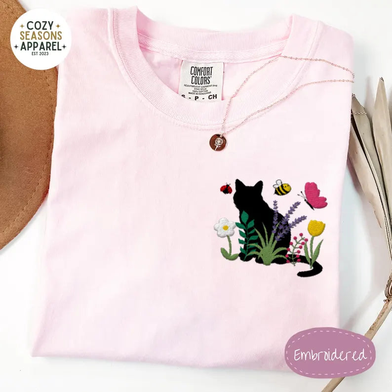 Embroidered Comfort Colors Shirt - Spring Cottage-core Cat Floral