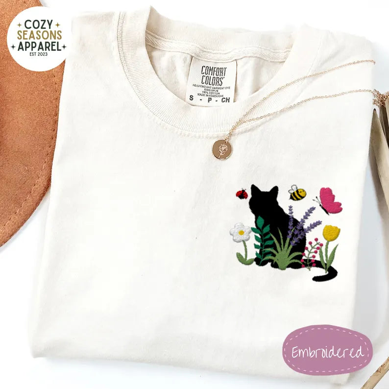 Embroidered Comfort Colors Shirt - Spring Cottage-core Cat Floral
