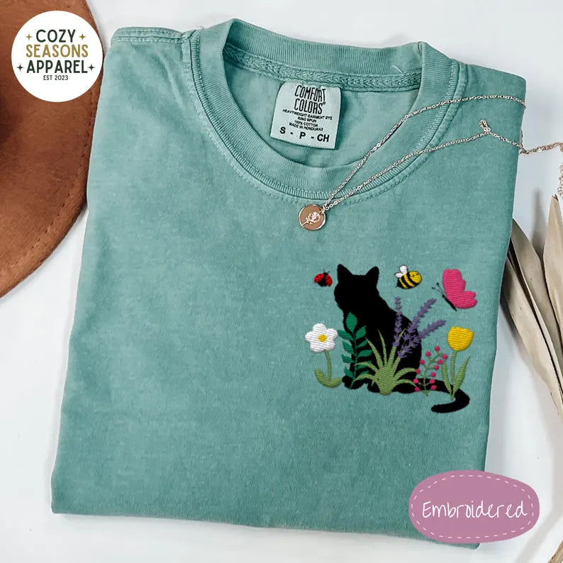 Embroidered Comfort Colors Shirt - Spring Cottage-core Cat Floral